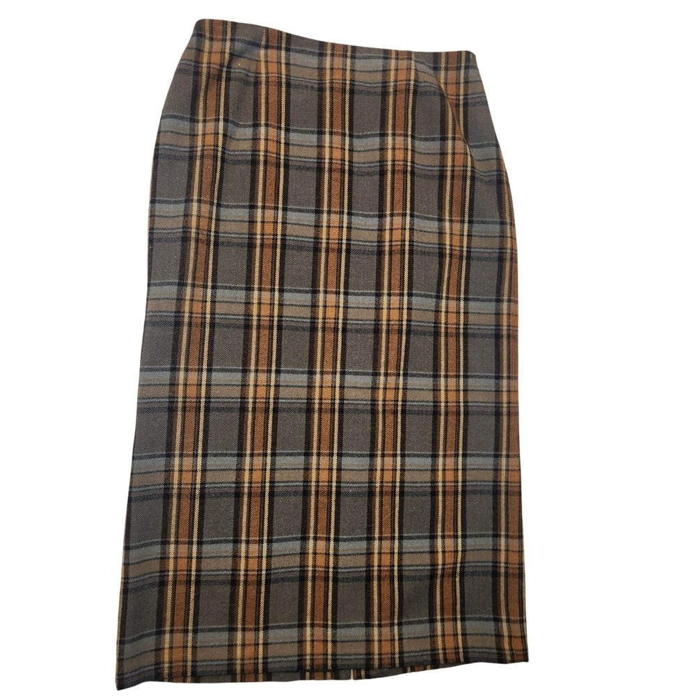 Relativity Brown Plaid Wool Blend Midi Skirt Size 14 Straight Back Slit‎ Lined